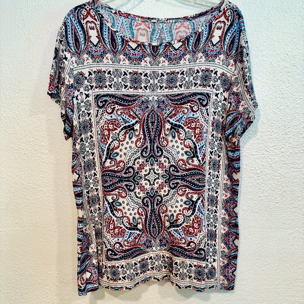 CB Tee Soft Stretch Top Short Cap Sleeves Red Blue White Paisley Pattern Size XL